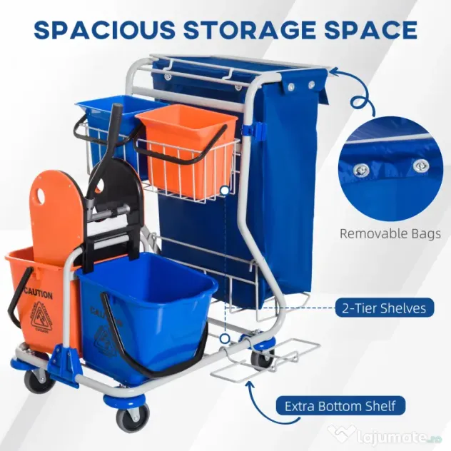 Homcom Carucior Curatenie Profesional cu 4 Galeti, Storcator si Mop