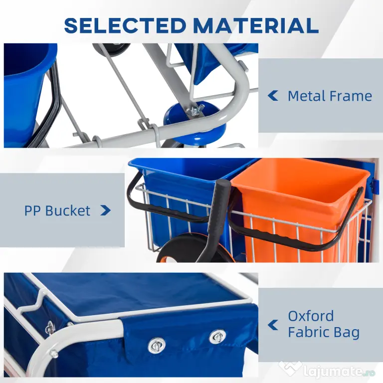 Homcom Carucior Curatenie Profesional cu 4 Galeti, Storcator si Mop