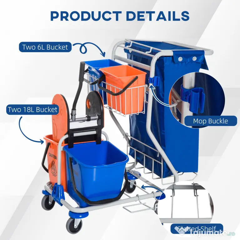 Homcom Carucior Curatenie Profesional cu 4 Galeti, Storcator si Mop