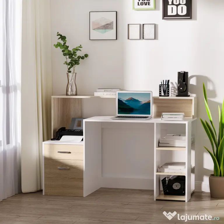 HomCom Homcom Masa de Birou Moderna pentru Computator cu Rafturi din Lemn MDF 140x55x92cm