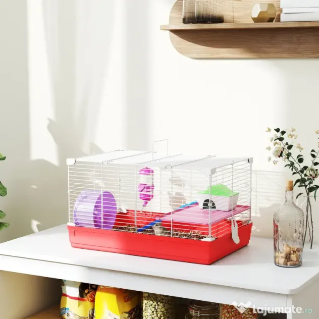 PawHut Cusca pentru Hamsteri cu 2 Nivele din Metal si PP cu Casuta, Rezervor de apa, Roti si Farfurioare, 47x30x27 cm, Rosu si Alb | Aosom Romania