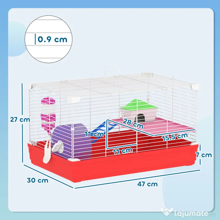 PawHut Cusca pentru Hamsteri cu 2 Nivele din Metal si PP cu Casuta, Rezervor de apa, Roti si Farfurioare, 47x30x27 cm, Rosu si Alb | Aosom Romania