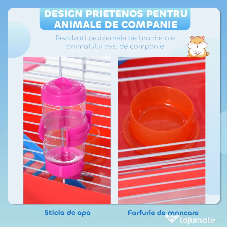PawHut Cusca pentru Hamsteri cu 2 Nivele din Metal si PP cu Casuta, Rezervor de apa, Roti si Farfurioare, 47x30x27 cm, Rosu si Alb | Aosom Romania
