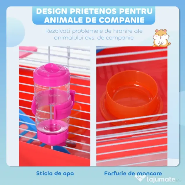 PawHut Cusca pentru Hamsteri cu 2 Nivele din Metal si PP cu Casuta, Rezervor de apa, Roti si Farfurioare, 47x30x27 cm, Rosu si Alb | Aosom Romania