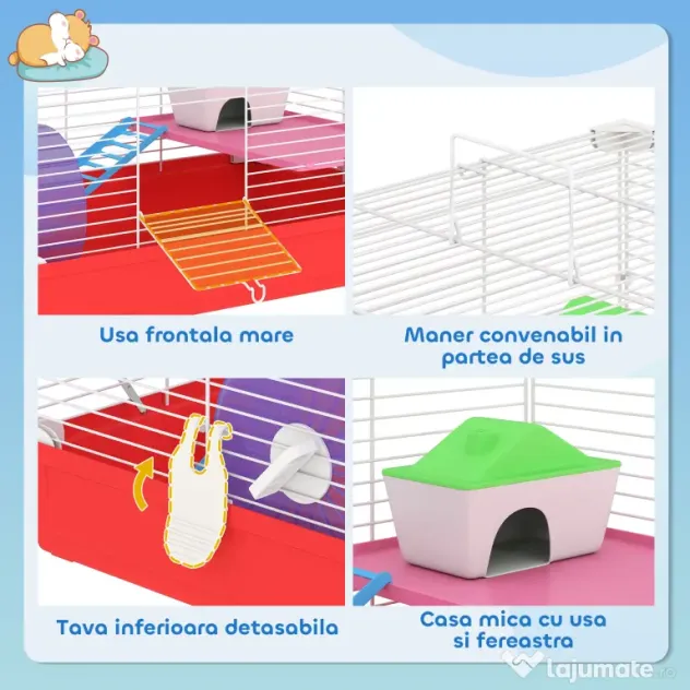 PawHut Cusca pentru Hamsteri cu 2 Nivele din Metal si PP cu Casuta, Rezervor de apa, Roti si Farfurioare, 47x30x27 cm, Rosu si Alb | Aosom Romania