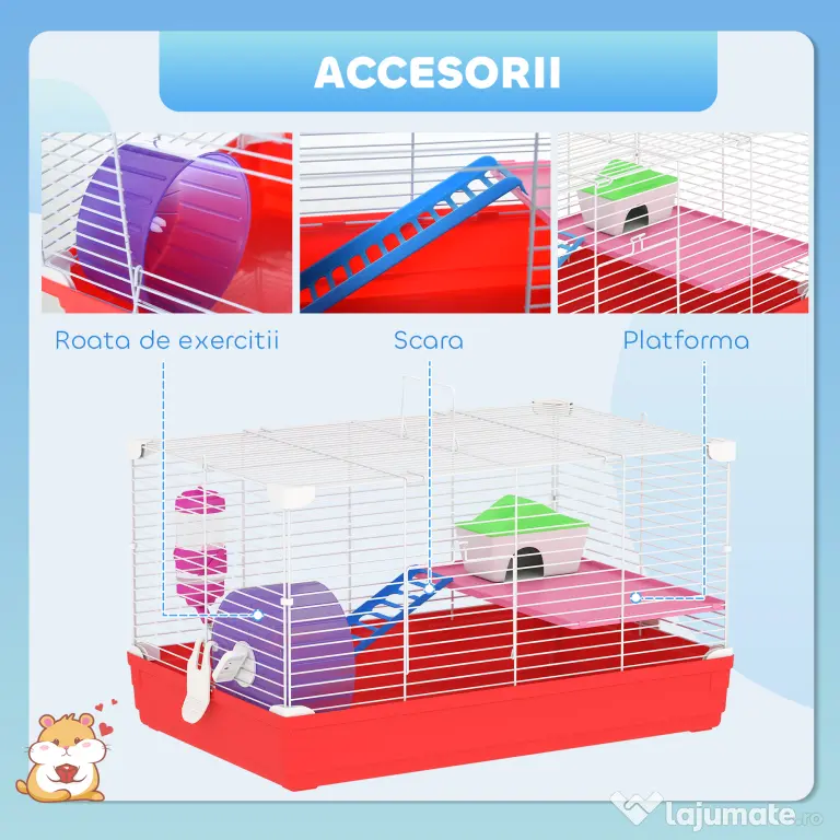 PawHut Cusca pentru Hamsteri cu 2 Nivele din Metal si PP cu Casuta, Rezervor de apa, Roti si Farfurioare, 47x30x27 cm, Rosu si Alb | Aosom Romania