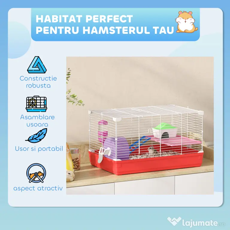 PawHut Cusca pentru Hamsteri cu 2 Nivele din Metal si PP cu Casuta, Rezervor de apa, Roti si Farfurioare, 47x30x27 cm, Rosu si Alb | Aosom Romania