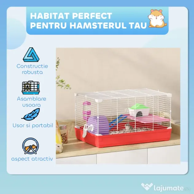 PawHut Cusca pentru Hamsteri cu 2 Nivele din Metal si PP cu Casuta, Rezervor de apa, Roti si Farfurioare, 47x30x27 cm, Rosu si Alb | Aosom Romania