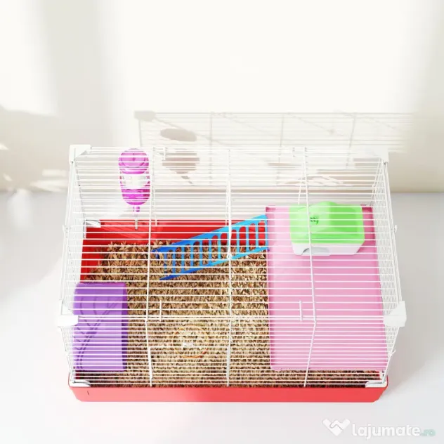 PawHut Cusca pentru Hamsteri cu 2 Nivele din Metal si PP cu Casuta, Rezervor de apa, Roti si Farfurioare, 47x30x27 cm, Rosu si Alb | Aosom Romania