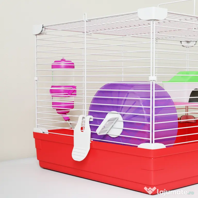 PawHut Cusca pentru Hamsteri cu 2 Nivele din Metal si PP cu Casuta, Rezervor de apa, Roti si Farfurioare, 47x30x27 cm, Rosu si Alb | Aosom Romania