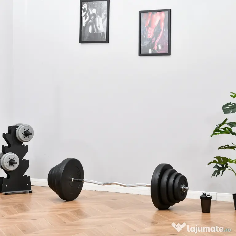 HOMCOM Set Haltere Profesional de 70 kg cu 8 Discuri de Greutate și Bară Curbată din Oțel, Dimensiuni 140x38.5x38.5cm | Aosom România