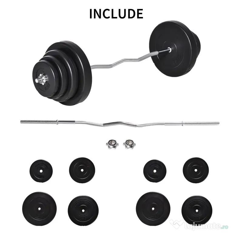 HOMCOM Set Haltere Profesional de 70 kg cu 8 Discuri de Greutate și Bară Curbată din Oțel, Dimensiuni 140x38.5x38.5cm | Aosom România