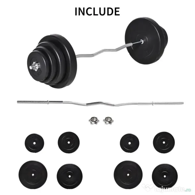 HOMCOM Set Haltere Profesional de 70 kg cu 8 Discuri de Greutate și Bară Curbată din Oțel, Dimensiuni 140x38.5x38.5cm | Aosom România