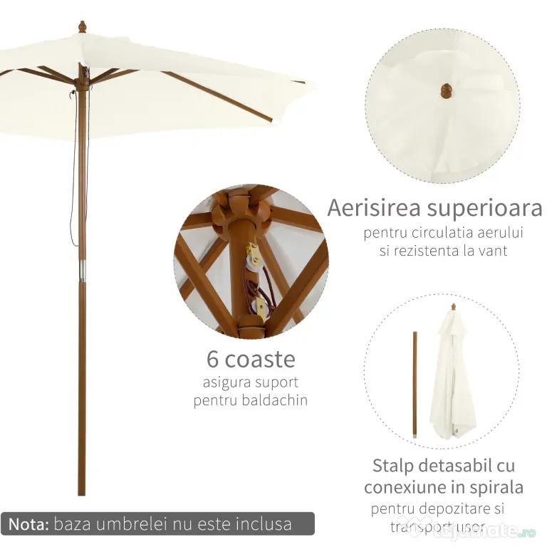 Outsunny Umbrelă Rotundă de Grădină din Bambus și Poliester 2.5x2.3m Crem/Alb | Aosom Romania