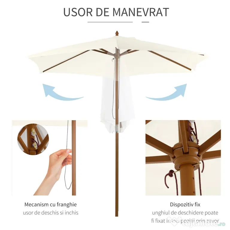 Outsunny Umbrelă Rotundă de Grădină din Bambus și Poliester 2.5x2.3m Crem/Alb | Aosom Romania