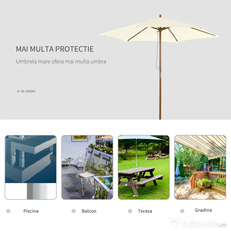 Outsunny Umbrelă Rotundă de Grădină din Bambus și Poliester 2.5x2.3m Crem/Alb | Aosom Romania