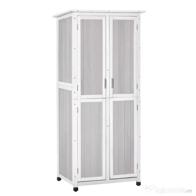 Outsunny Magazie Unelte Lemn Brad 3 Niveluri, Acoperiș Bitum Impermeabil, Cu Cârlige, 77x58x175cm, Gri | Aosom Romania