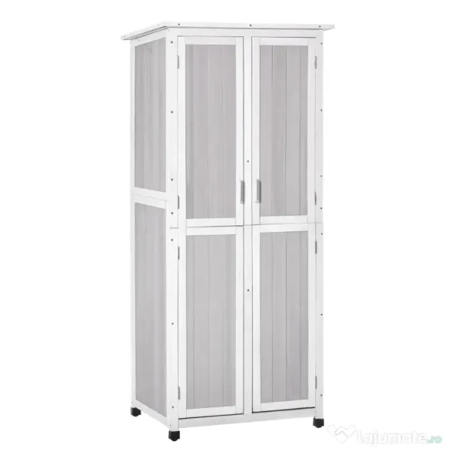 Outsunny Magazie Unelte Lemn Brad 3 Niveluri, Acoperiș Bitum Impermeabil, Cu Cârlige, 77x58x175cm, Gri | Aosom Romania