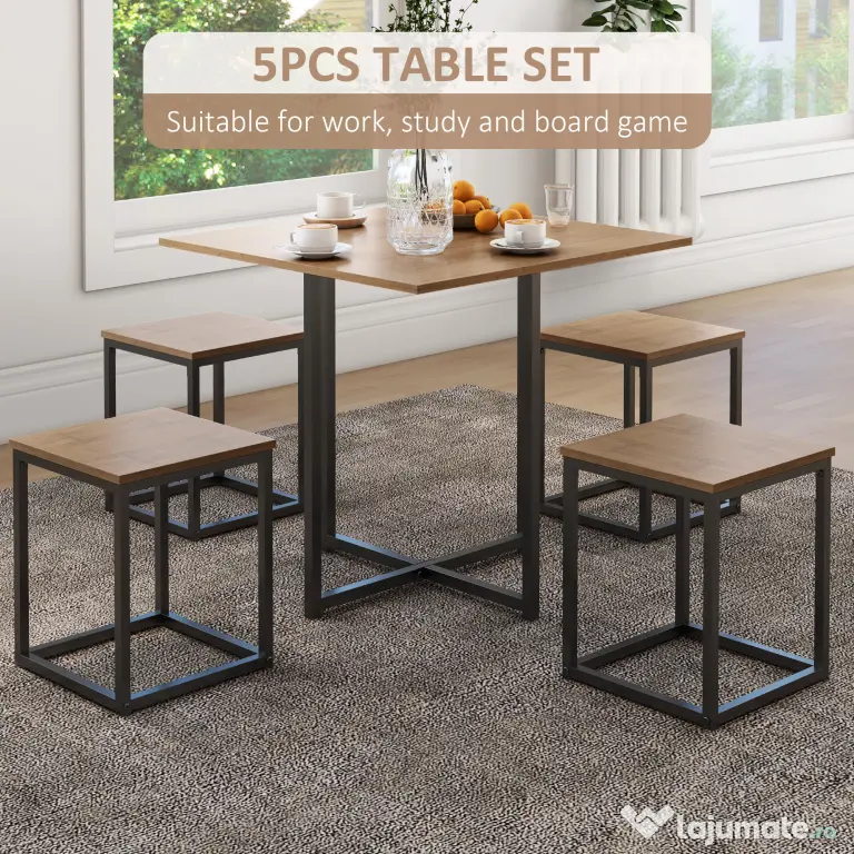 Set HOMCOM Masă și Scaune Industrial pentru Bucătărie, Design Modern, Spațiu Optimizat, Ideal pentru Micile Apartamente | Aosom Romania