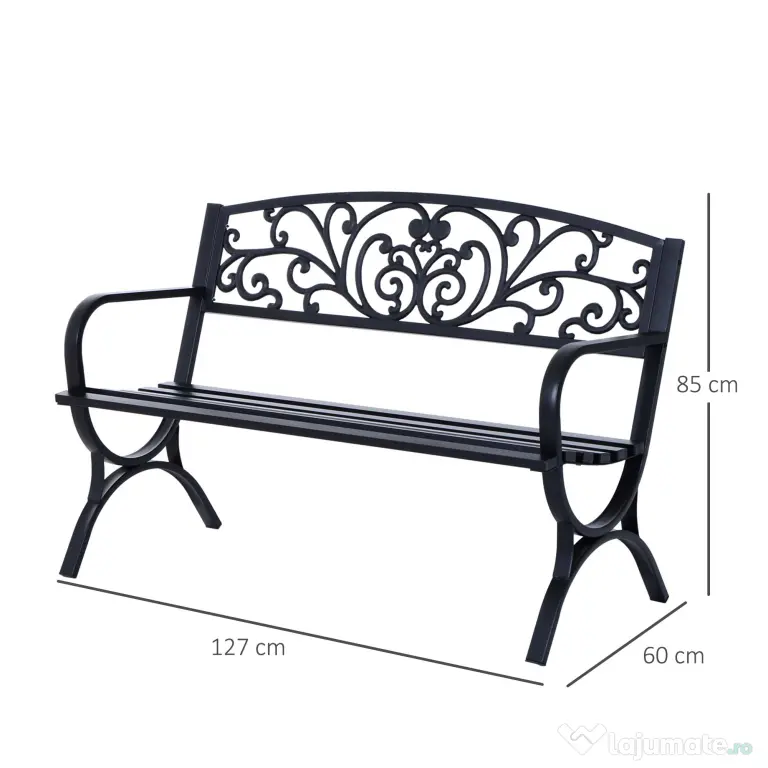 Outsunny Bancă pentru Grădină pentru Exterior din Metal și Fontă, Încărcare maximă 240 kg127×60×85 cm, Negru | Aosom Romania