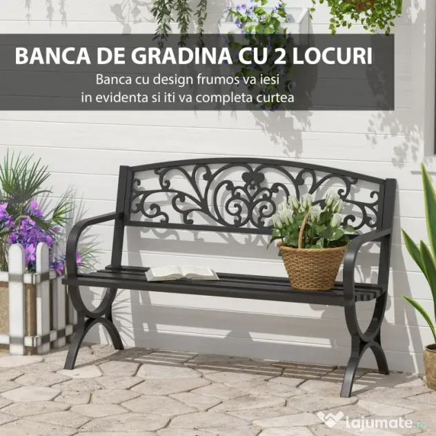 Outsunny Bancă pentru Grădină pentru Exterior din Metal și Fontă, Încărcare maximă 240 kg127×60×85 cm, Negru | Aosom Romania