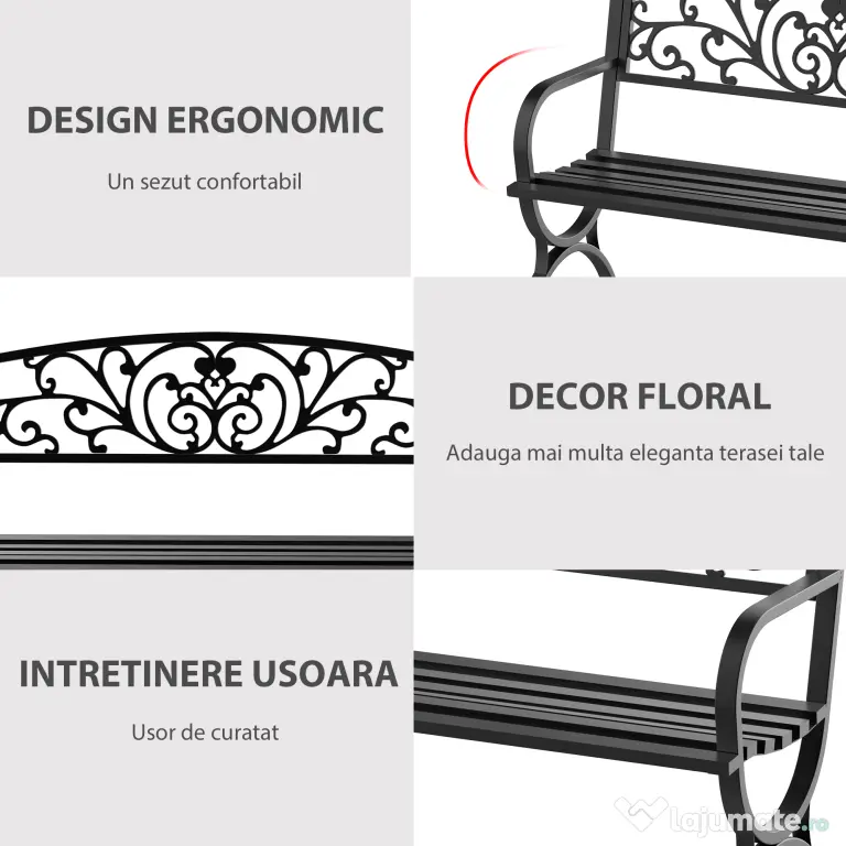 Outsunny Bancă pentru Grădină pentru Exterior din Metal și Fontă, Încărcare maximă 240 kg127×60×85 cm, Negru | Aosom Romania