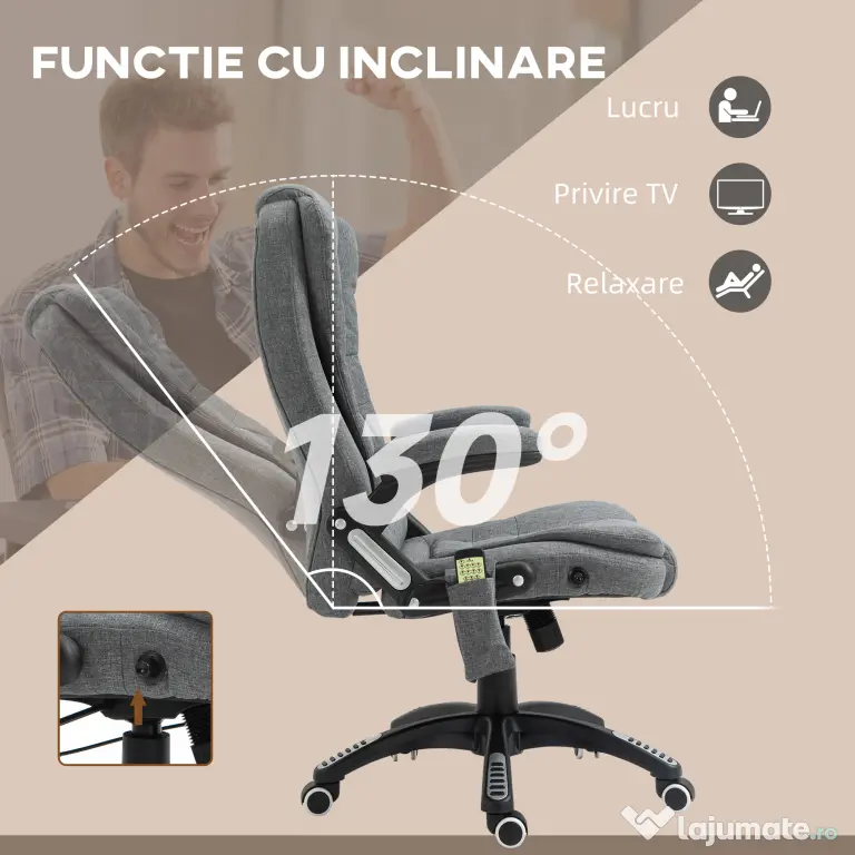 Vinsetto Fotoliu Relax cu 6 Zone de Masaj, Spătar Reglabil și Design Ergonomic, Gri | Aosom Romania