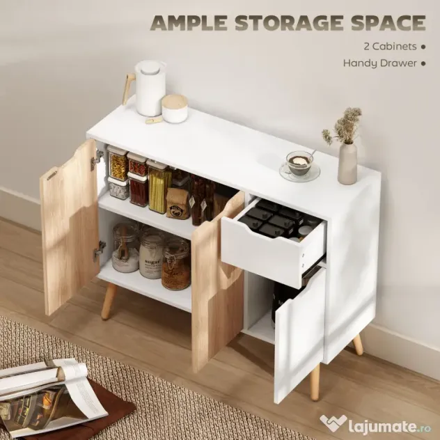 HOMCOM Dulap Multifuncțional cu Sertar și Uși, Stil Nordic, pentru Dormitor sau Living, Alb și Culoare Lemn | Aosom Romania