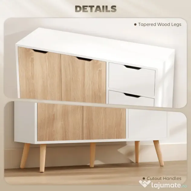 HOMCOM Dulap Multifuncțional cu Sertar și Uși, Stil Nordic, pentru Dormitor sau Living, Alb și Culoare Lemn | Aosom Romania
