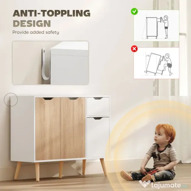 HOMCOM Dulap Multifuncțional cu Sertar și Uși, Stil Nordic, pentru Dormitor sau Living, Alb și Culoare Lemn | Aosom Romania