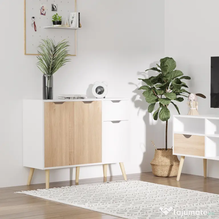 HOMCOM Dulap Multifuncțional cu Sertar și Uși, Stil Nordic, pentru Dormitor sau Living, Alb și Culoare Lemn | Aosom Romania
