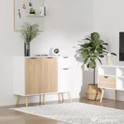 HOMCOM Dulap Multifuncțional cu Sertar și Uși, Stil Nordic, pentru Dormitor sau Living, Alb și Culoare Lemn | Aosom Romania