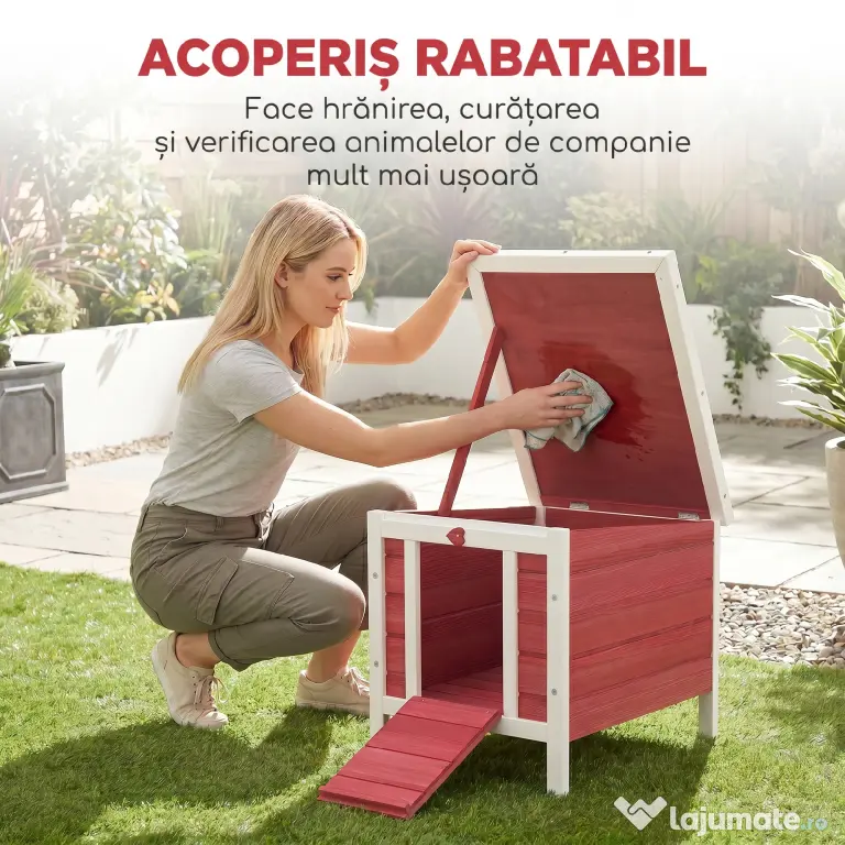 PawHut Colivă Lemn Exterior pentru Rozătoare, Acoperiș și Rampa Reglabilă, 42x51x43cm, Roșu | Aosom Romania