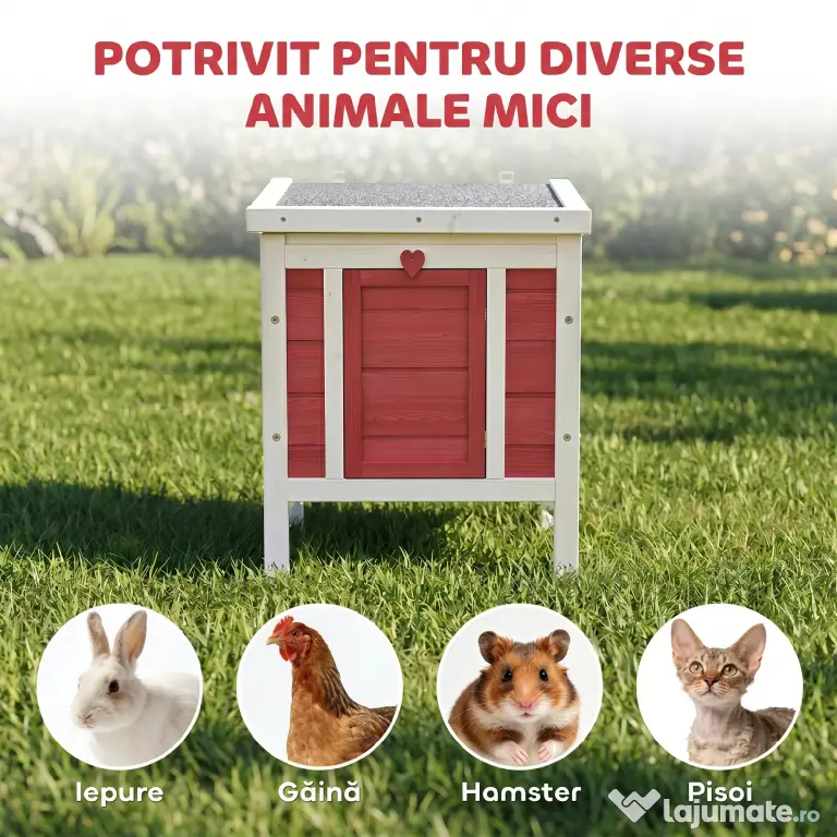 PawHut Colivă Lemn Exterior pentru Rozătoare, Acoperiș și Rampa Reglabilă, 42x51x43cm, Roșu | Aosom Romania