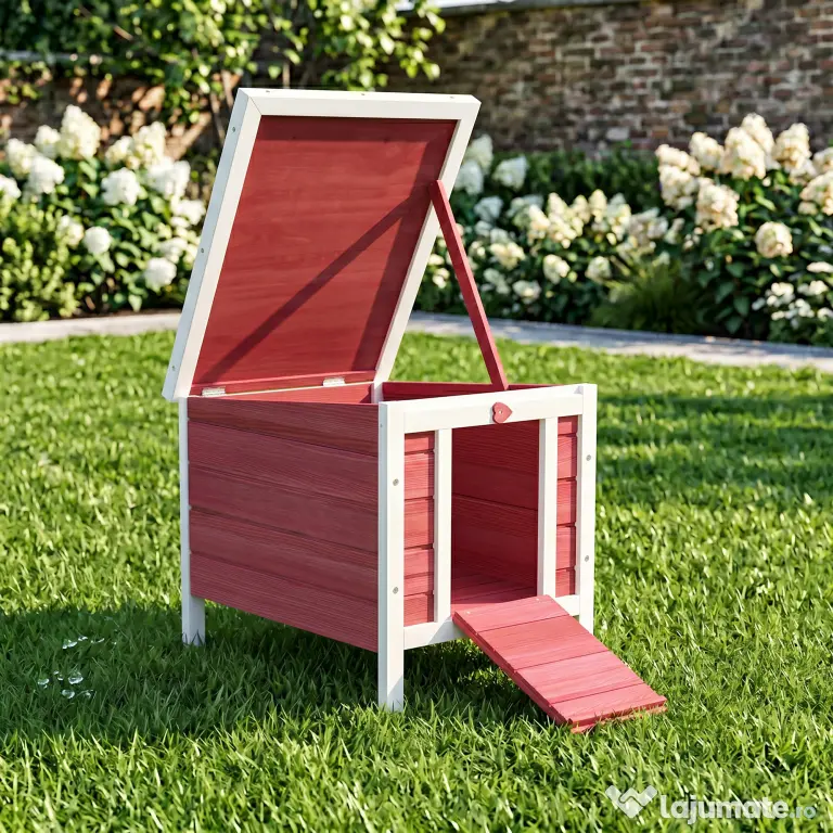 PawHut Colivă Lemn Exterior pentru Rozătoare, Acoperiș și Rampa Reglabilă, 42x51x43cm, Roșu | Aosom Romania