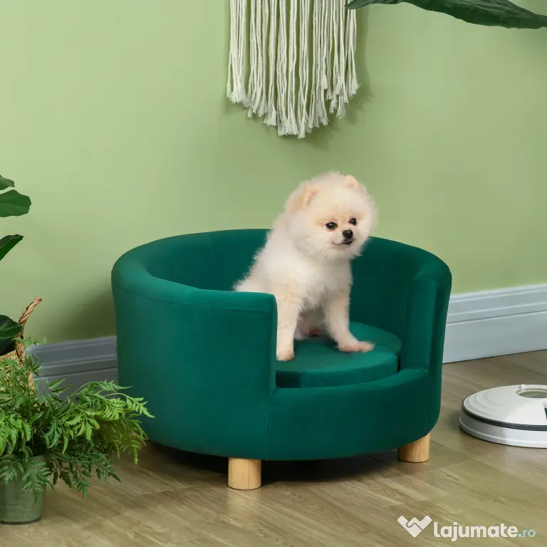 PawHut Canapea Verde Luxoasă pentru Câini, cu Spătar și Pernă Detașabilă, 65x64x37 cm | Aosom Romania