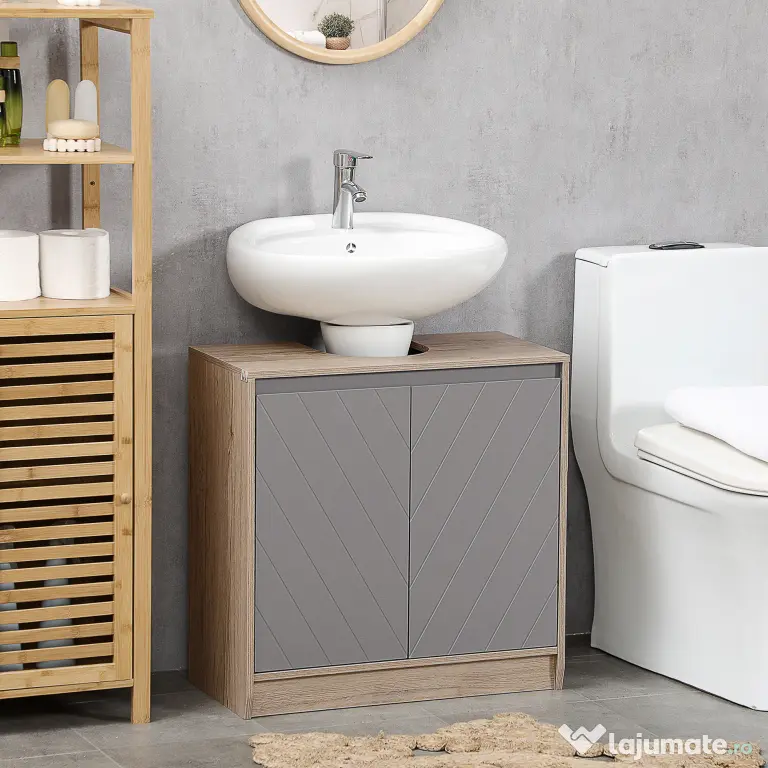 HOMCOM Masca Chiuvetă Baie Rafturi Reglabile Două Uși Bază Înălțată MDF 60x30x60cm Gri | Aosom Romania