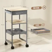 Cărucior de bucătărie Suport pentru alimente cu sertar, 2 rafturi si tavă detașabilă, din lemn 37x37x76cm gri HOMCOM | Aosom Romania 