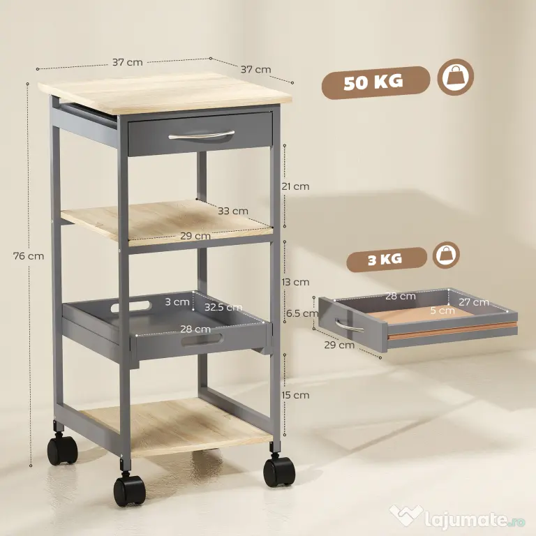 Cărucior de bucătărie Suport pentru alimente cu sertar, 2 rafturi si tavă detașabilă, din lemn 37x37x76cm gri HOMCOM | Aosom Romania