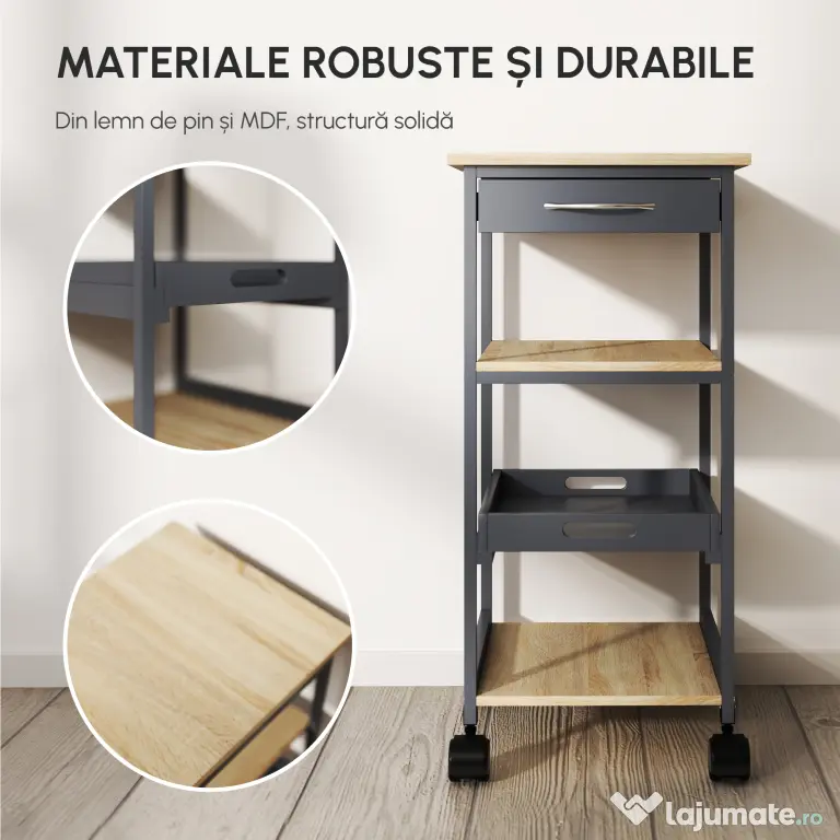 Cărucior de bucătărie Suport pentru alimente cu sertar, 2 rafturi si tavă detașabilă, din lemn 37x37x76cm gri HOMCOM | Aosom Romania
