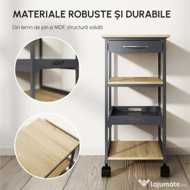 Cărucior de bucătărie Suport pentru alimente cu sertar, 2 rafturi si tavă detașabilă, din lemn 37x37x76cm gri HOMCOM | Aosom Romania