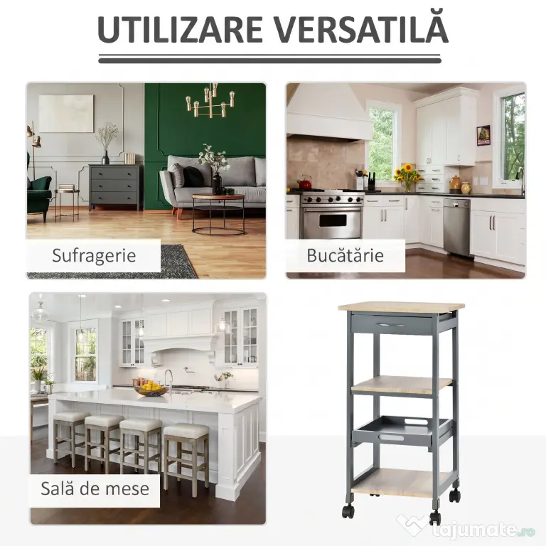 Cărucior de bucătărie Suport pentru alimente cu sertar, 2 rafturi si tavă detașabilă, din lemn 37x37x76cm gri HOMCOM | Aosom Romania