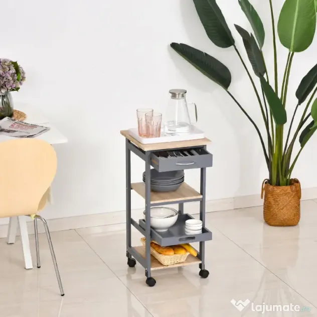 Cărucior de bucătărie Suport pentru alimente cu sertar, 2 rafturi si tavă detașabilă, din lemn 37x37x76cm gri HOMCOM | Aosom Romania