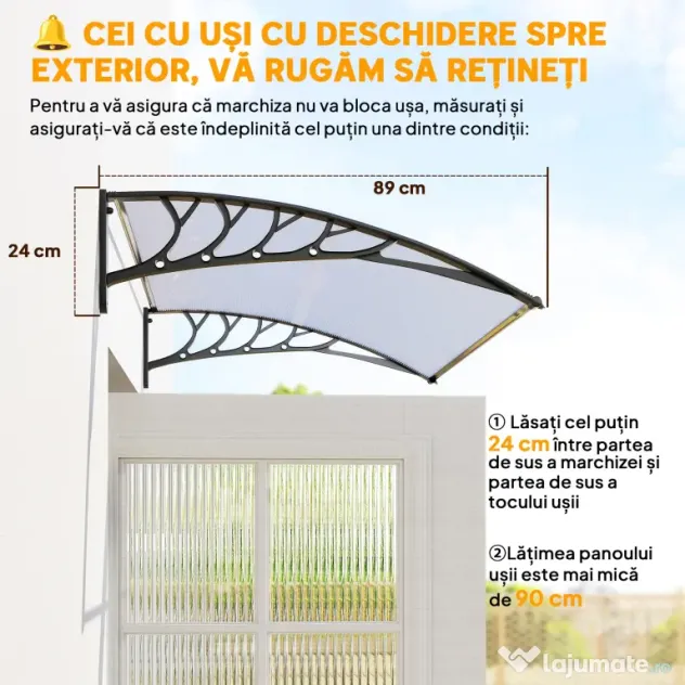 Outsunny Copertină Curbată pentru Exterior cu Panouri din Policarbonat și Sistem de Fixare Inclus | Aosom Romania