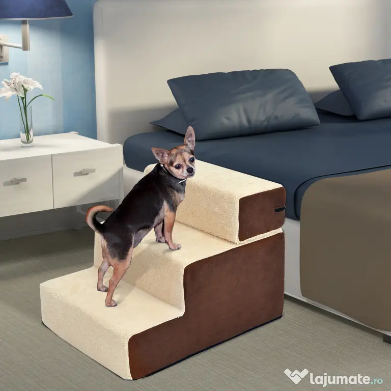 PawHut Scara pentru animale domestice cu 3 trepte Moi, invelis detasabil | Aosom Romania