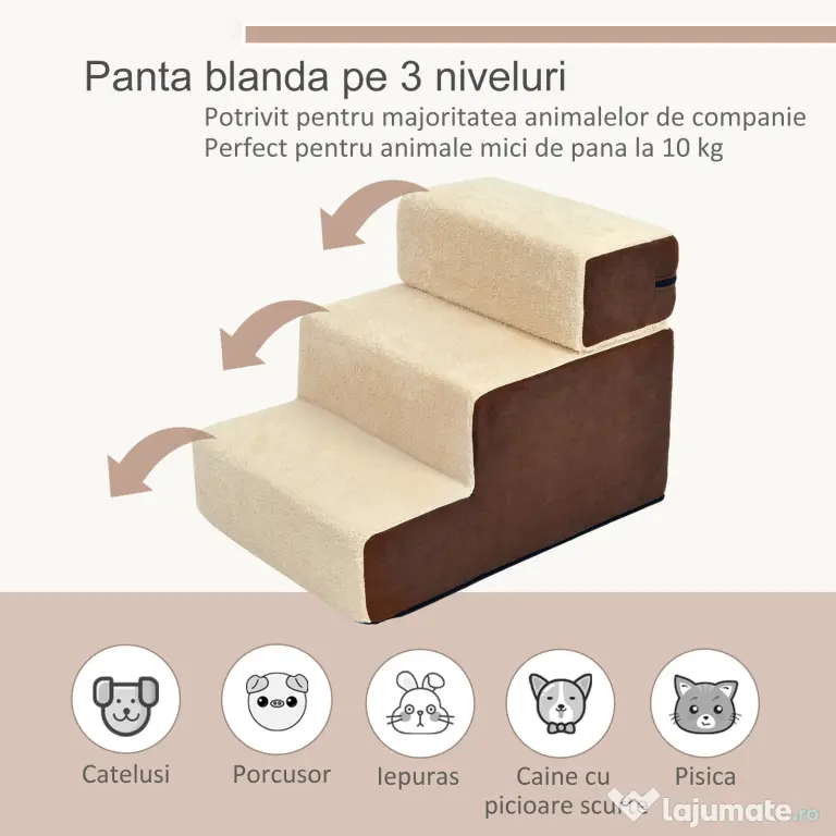 PawHut Scara pentru animale domestice cu 3 trepte Moi, invelis detasabil | Aosom Romania