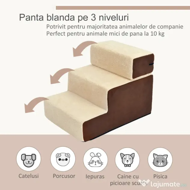 PawHut Scara pentru animale domestice cu 3 trepte Moi, invelis detasabil | Aosom Romania