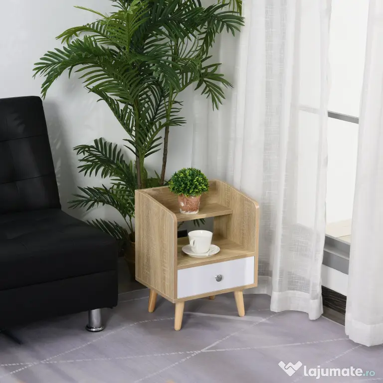 HOMCOM Noptieră cu Sertar și Raft, Mobilier Compact pentru Dormitor sau Sufragerie, Economie Spațiu, Lemn, Alb | Aosom Romania