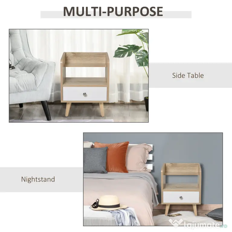 HOMCOM Noptieră cu Sertar și Raft, Mobilier Compact pentru Dormitor sau Sufragerie, Economie Spațiu, Lemn, Alb | Aosom Romania