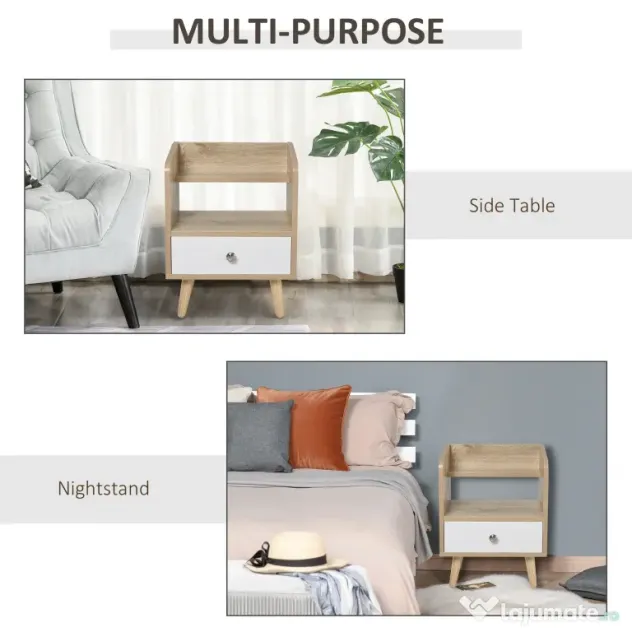 HOMCOM Noptieră cu Sertar și Raft, Mobilier Compact pentru Dormitor sau Sufragerie, Economie Spațiu, Lemn, Alb | Aosom Romania